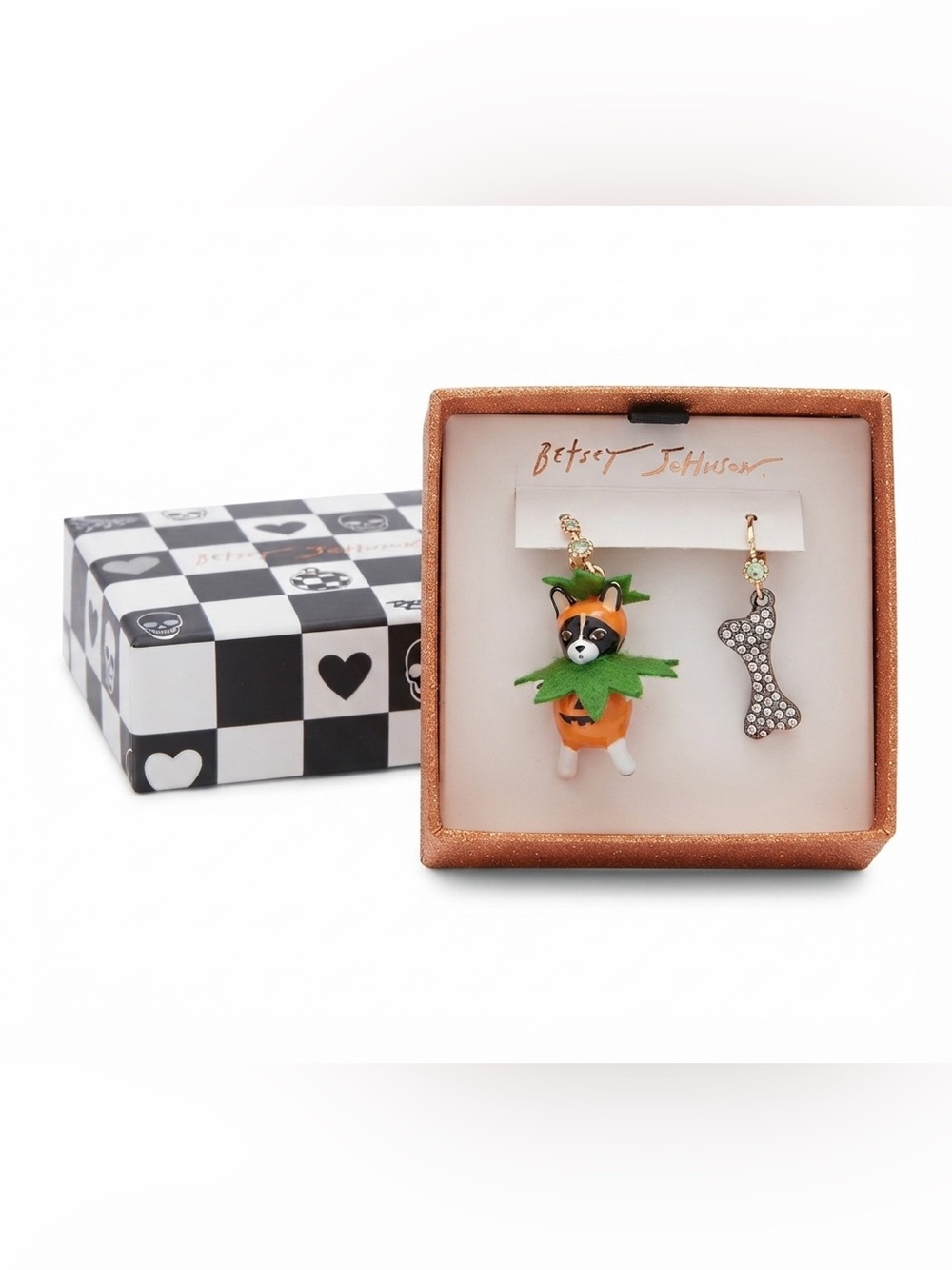 Betsey Johnson Halloween Puppy in Pumpkin Dog Bone Mismatched Earrings Box